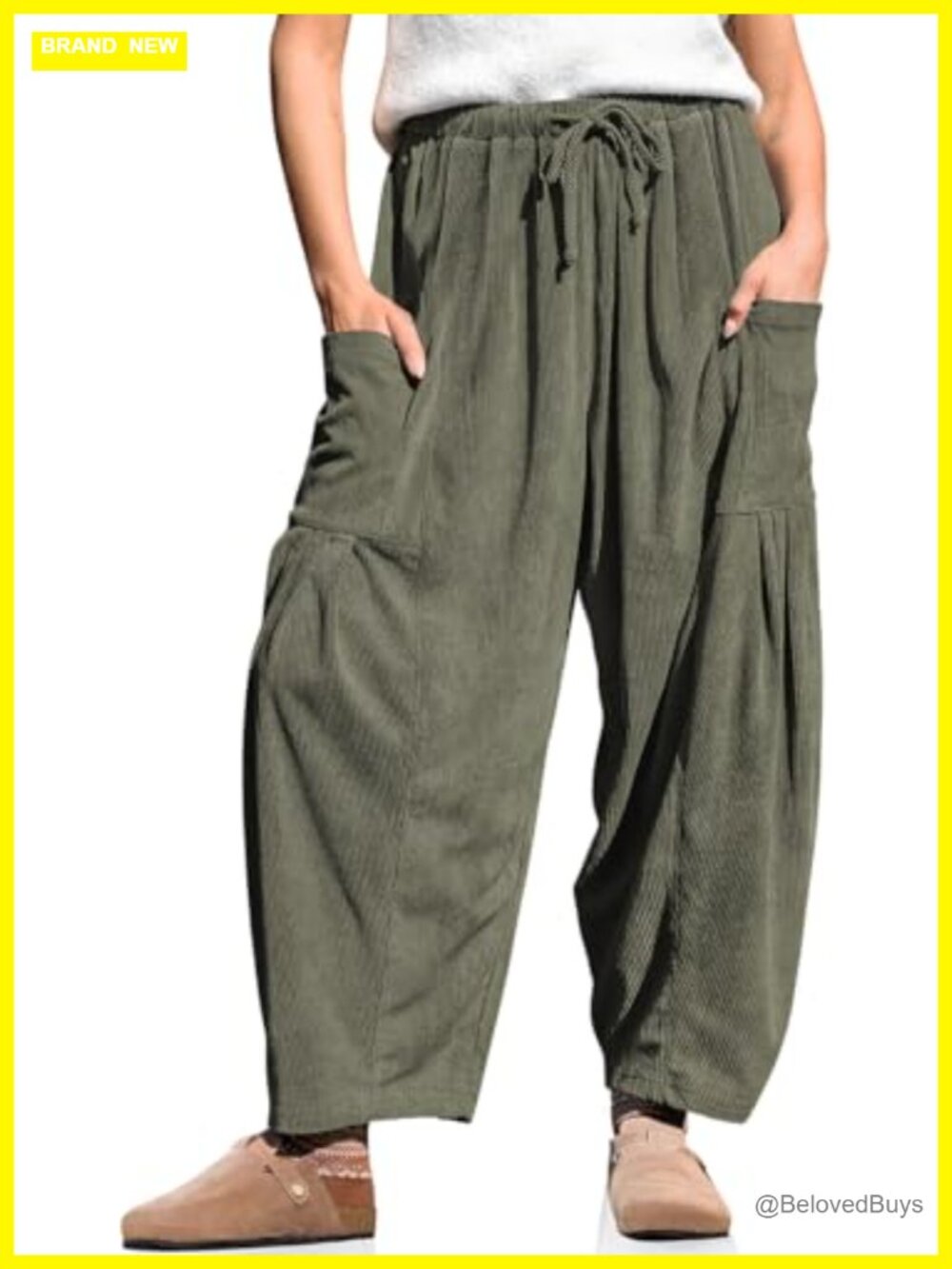 Corduroy Barrel Pants Drawstring Wide Leg with Pockets